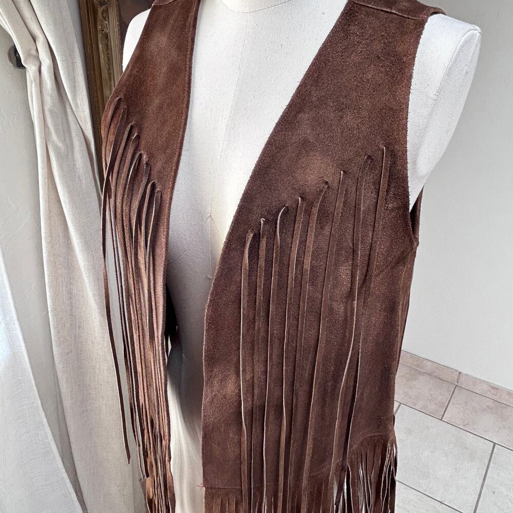 70s genuine suede fringe vest brown western festival boho vintage women M L - Picture 5 of 13